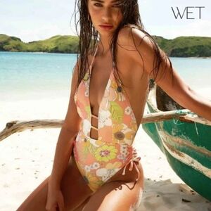 WET Swimwear Darcy Retro Floral Caicos Plunge Drawstring One Piece Sz Medium